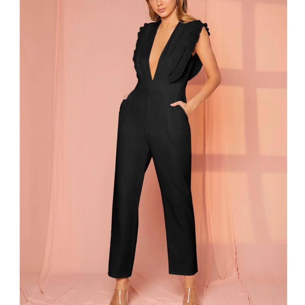 Plunging V Neck Black Jumpsuit Ruffle Detail Sleeveless w/ Pockets